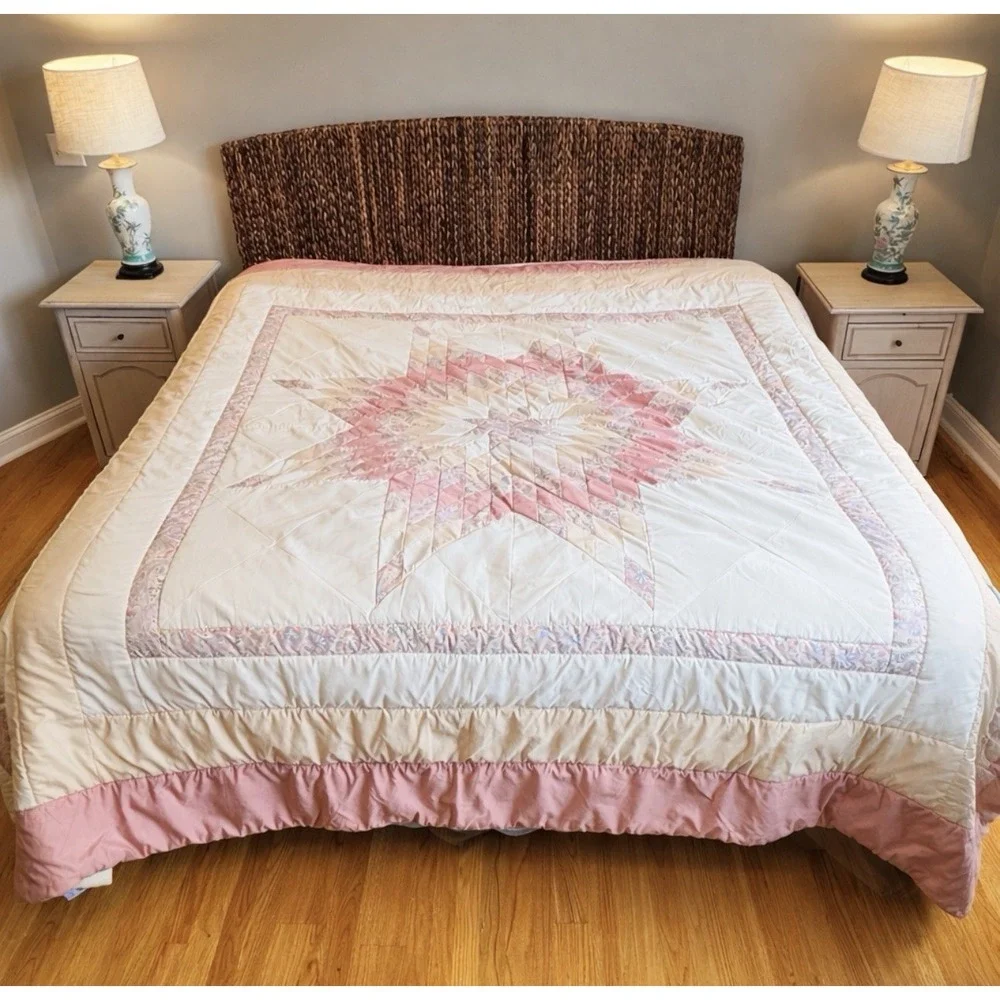 Handmade Vintage Pink White Star‎ Quilt Blanket Thick 110x96